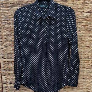NWT Lauren Ralph Lauren Black And White Polka Dot Long Sleeved Blouse Size XS